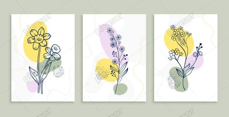 3 وکتور پوستر گلهای مینیمال تابلو زمینه گلهای ساده خطی