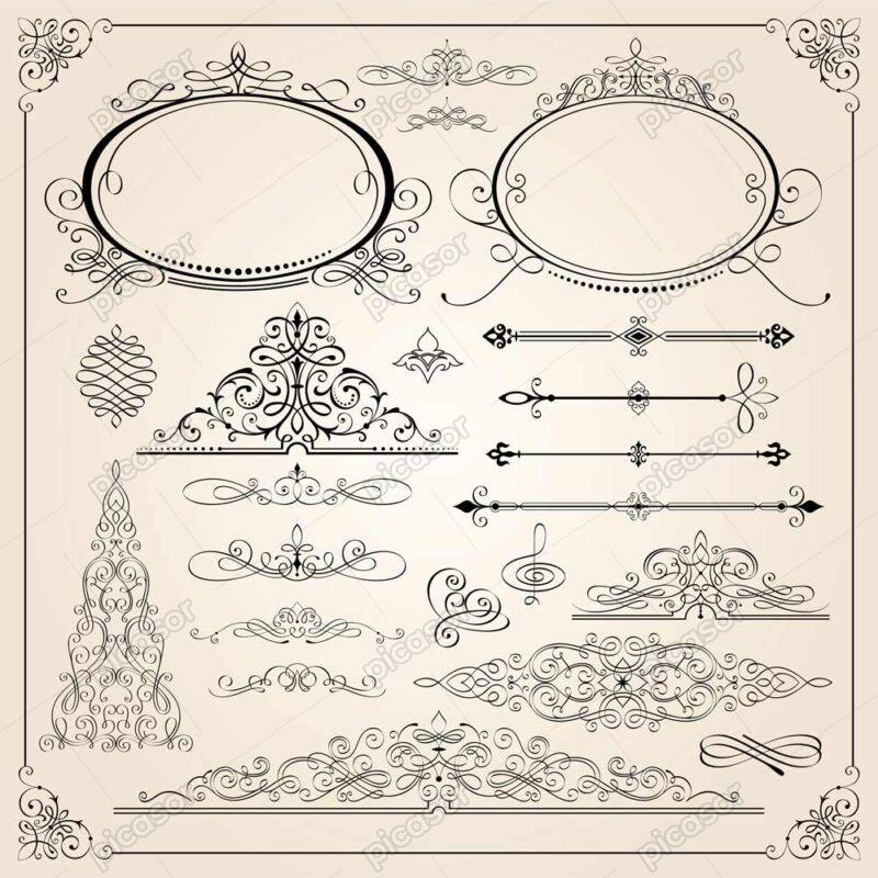 بیش از 20 وکتور قاب اسلیمی و خطوط تزیینی نگارشی جداکننده و سربرگ اسلیمی