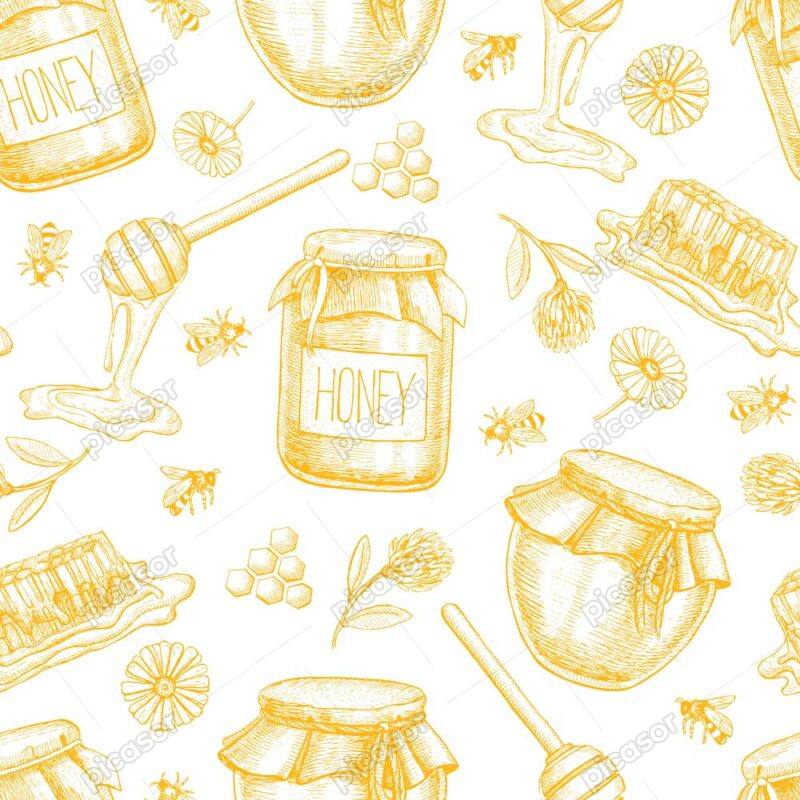 وکتور ظرف عسل با زنبور و گل - وکتور پس زمینه عسل و ظرف عسل