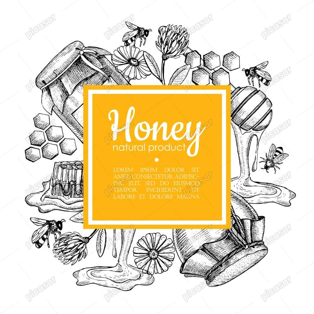 وکتور لیبل عسل طبیعی و زنبور عسل - وکتور پس زمینه عسل با زنبور و گل وکتور لیبل عسل طبیعی و زنبور عسل - وکتور پس زمینه عسل با زنبور و گل