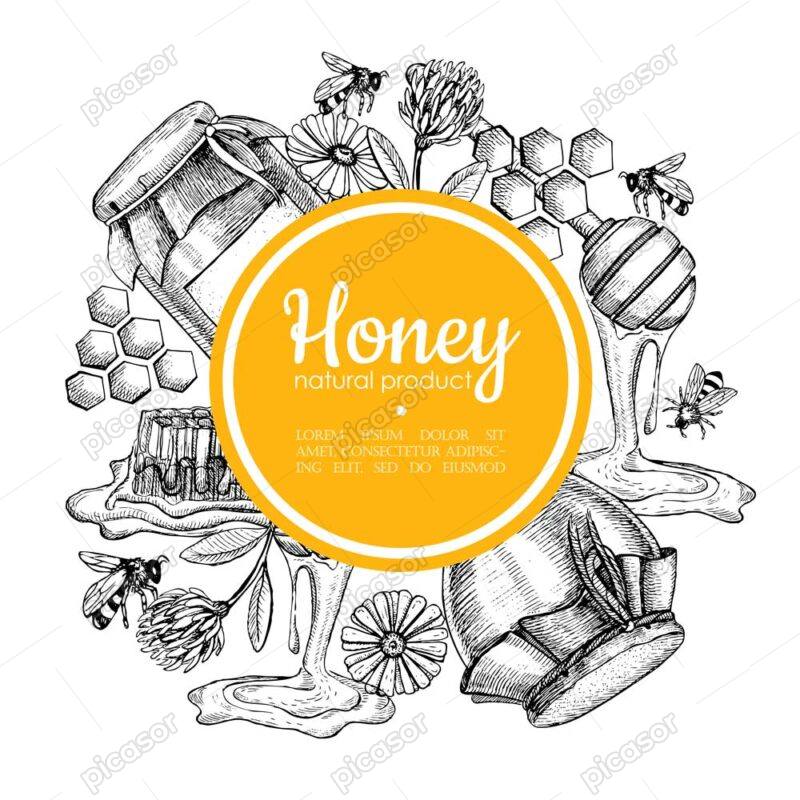 وکتور لیبل عسل طبیعی با زنبور - وکتور پس زمینه زنبور عسل با موم عسل
