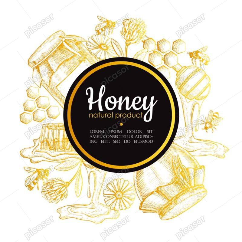 وکتور لیبل عسل و زنبور عسل - وکتور پس زمینه عسل طبیعی با موم عسل