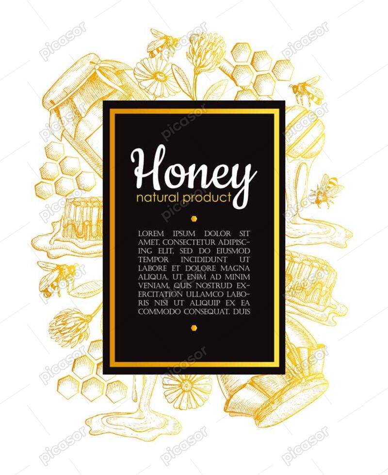 وکتور لیبل عسل طبیعی - وکتور پس زمینه عسل با زنبور و گل