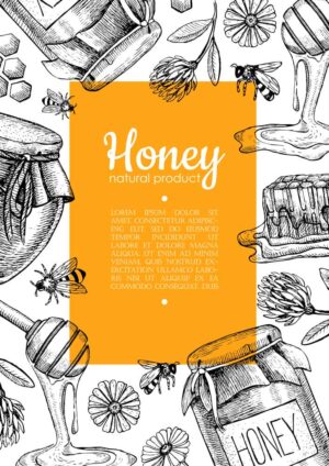 وکتور برچسب عسل طبیعی با ظرف عسل - وکتور پس زمینه عسل با زنبور عسل