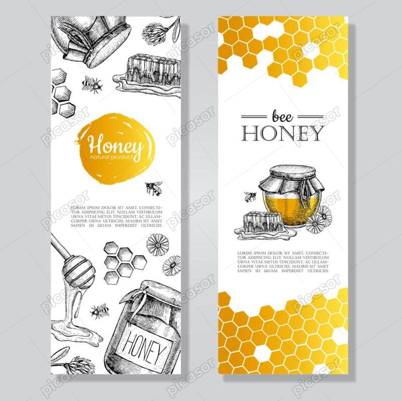 وکتور لیبل عسل طبیعی و برچسب ظرف عسل - وکتور پس زمینه عسل طبیعی با زنبور عسل