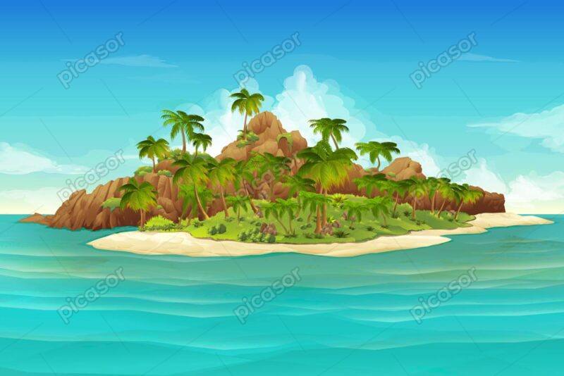 وکتور پس زمینه جزیره استوایی با درختان نخل و کوه - وکتور زمینه جزیره گرمسیری