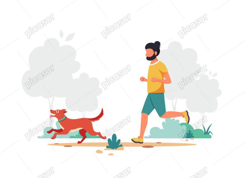 وکتور مرد در حال دویدن با سگ در پارک - وکتور پس زمینه مرد ورزشکار در پارک