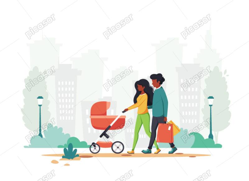 وکتور خانواده در پارک - وکتور پس زمینه زوج جوان همراه با نوزاد در کالسکه درحال قدم زدن در پارک