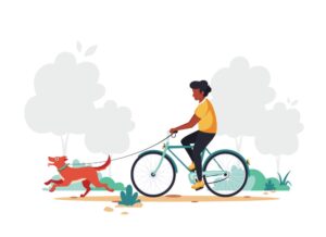 وکتور دوچرخه سواری در پارک - وکتور پس زمینه مرد درحال دوچرخه سواری با سگ در پارک