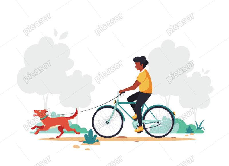 وکتور دوچرخه سواری در پارک - وکتور پس زمینه مرد درحال دوچرخه سواری با سگ در پارک
