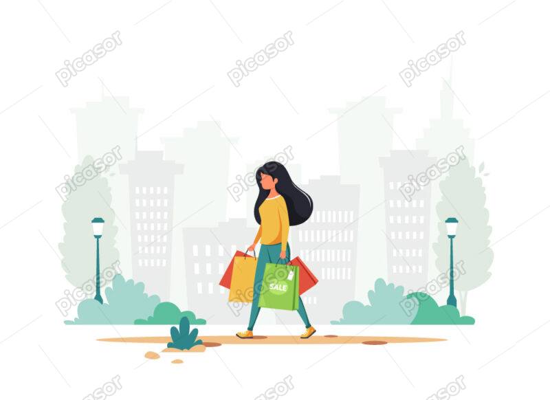 وکتور زن جوان و خرید - وکتور پس زمینه دختر جوان درحال قدم زدن در پارک بعد از خرید