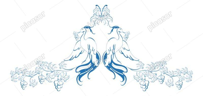 وکتور طاووس روی بوته انگور - وکتور 2 پرنده روی درختچه انگور
