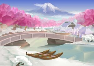 وکتور چشم انداز کوه فوجی و درختان با برگهای صورتی و دهکده ژاپنی در زمستان - وکتور منظره دهکده ژاپنی پوشیده شده با برف و نمای کوه فوجی