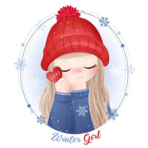 وکتور دختربچه با کلاه قرمز در فصل زمستان نقاشی آبرنگی دختر کوچک در قاب برفهای زمستانی
