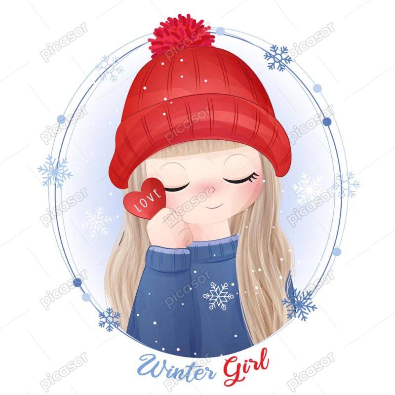 وکتور دختربچه با کلاه قرمز در فصل زمستان نقاشی آبرنگی دختر کوچک در قاب برفهای زمستانی