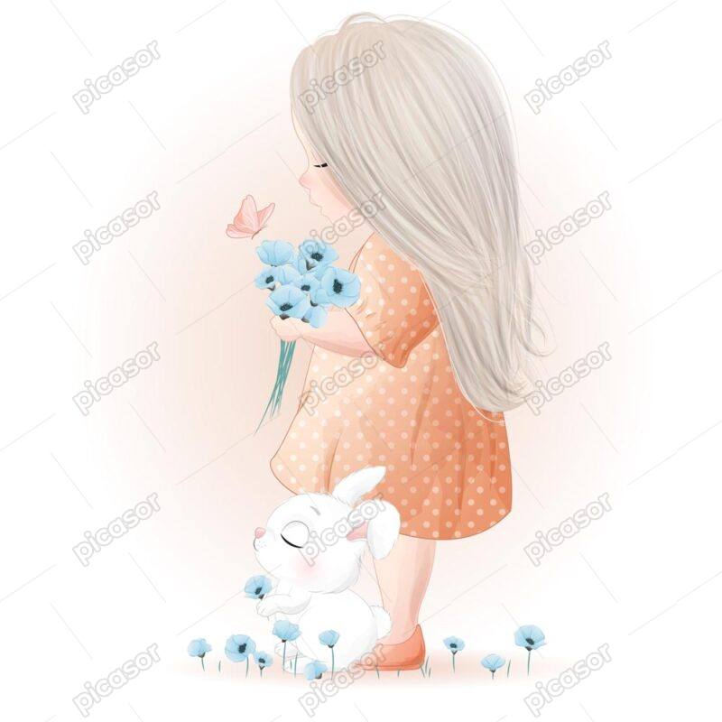 وکتور دختربچه با خرگوش سفید و دسته گلهای آبی در دست