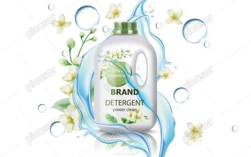وکتور بطری مایع شستشو و پاک کننده و شاخه گلهای سفید