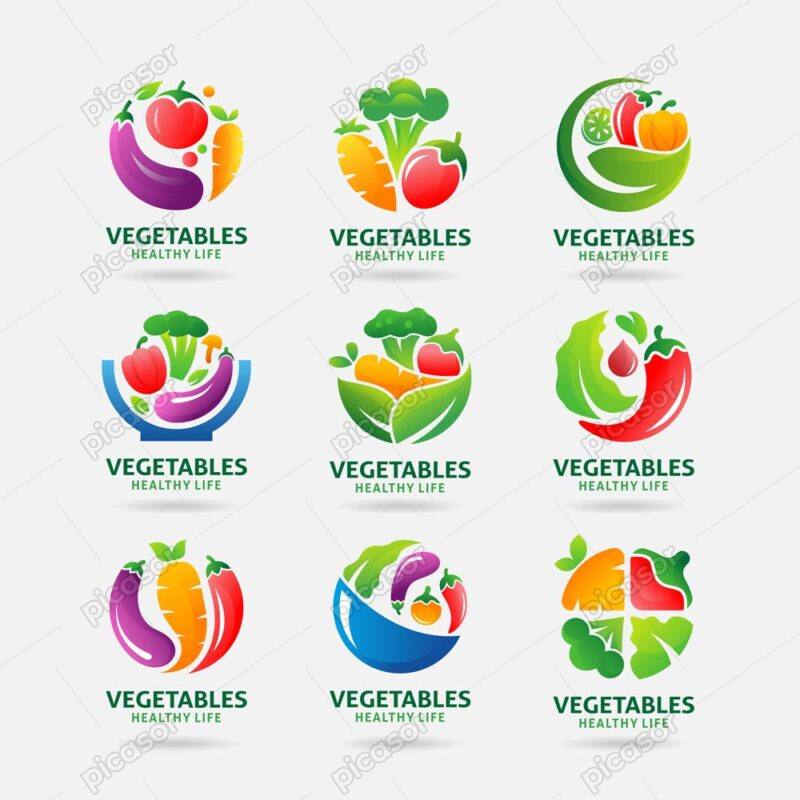 9 وکتور لوگو سبزیجات تازه - لوگو غذاهای گیاهی و رستوران