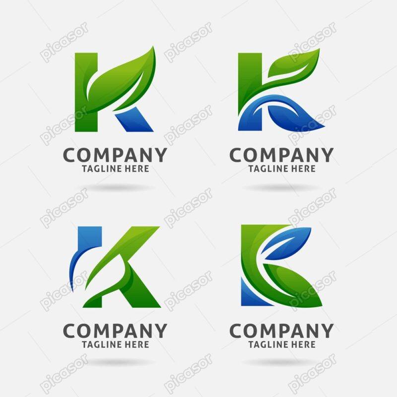 وکتور لوگو حرف K با برگ های سبز و آبی - وکتور لوگو حرف K لاتین