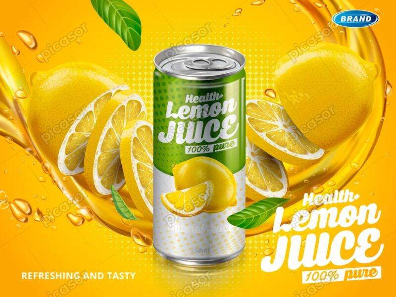 وکتور قوطی لیموناد و لیموهای تازه - وکتور پس زمینه قوطی لیموناد و نوشیدنی آبلیمو تازه
