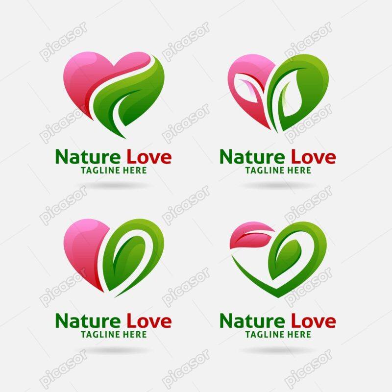 وکتور لوگو قلب با برگ های سبز و صورتی - لوگو دوستداران طبیعت
