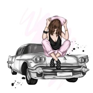 وکتور دختر جوان فشن و ماشین قدیمی