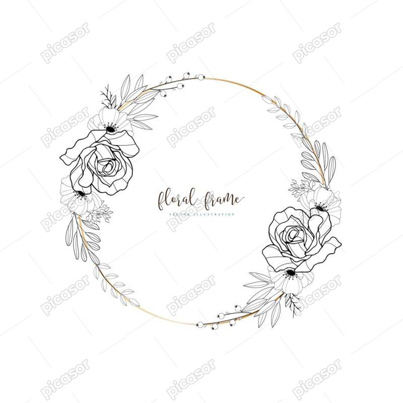 وکتور قاب مدور گلدار - وکتور قاب گل رز بدور حلقه با شاخه و برگ خطی - گل مینیمال نقاشی خطی