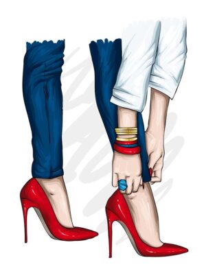 وکتور زن جوان و کفش پاشنه بلند - وکتور زن جوان با شلواری لی ابی در حال پوشیدن کفش پاشنه بلند قرمز