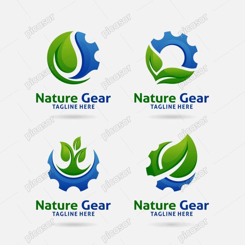 وکتور لوگو چرخ دنده با برگ های سبز - لوگو صنعت و طبیعت ، لوگو دوستداران طبیعت