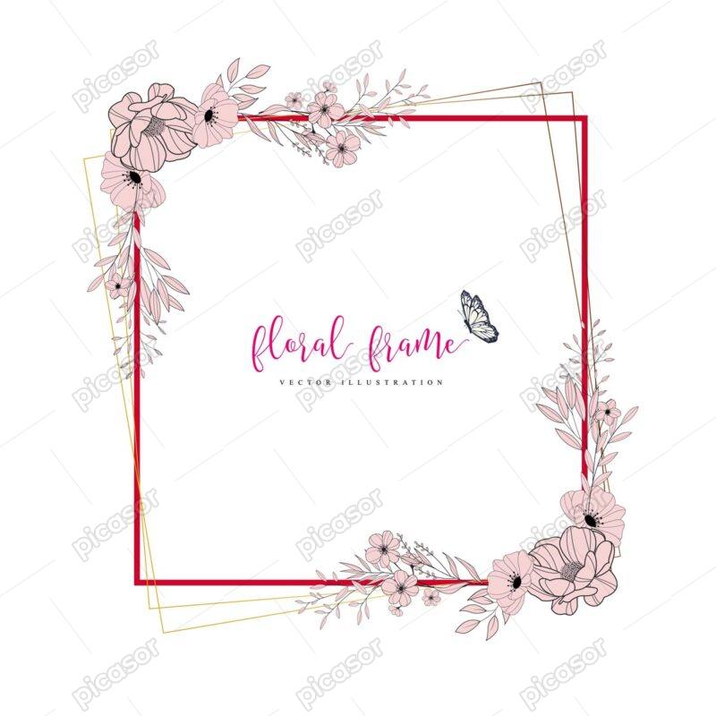وکتور قاب مربعی گلدار - وکتور قاب گل و پروانه با شاخه و برگ خطی - وکتور قاب گل مینیمال نقاشی خطی