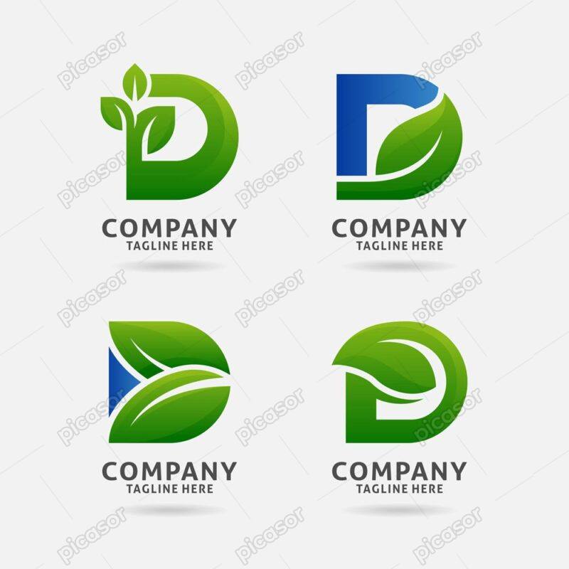 وکتور لوگو حرف D با برگ های سبز و آبی - وکتور لوگو حرف D لاتین