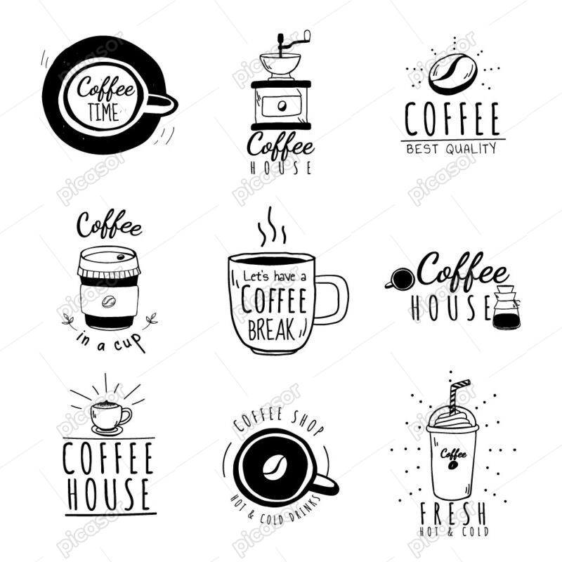 9 وکتور لوگو کافی شاپ و لوگو کافه - لوگو قهوه آسیاب قهوه و لوگو فنجان قهوه سبک نقاشی شده ساده