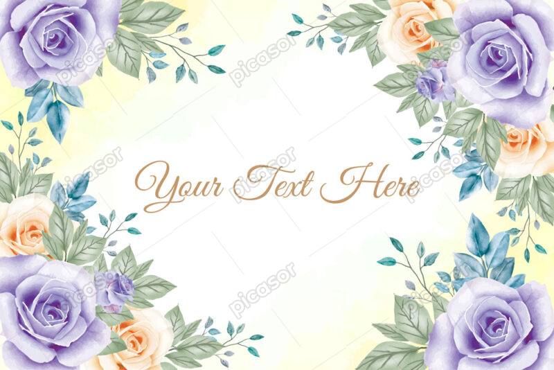 وکتور پس زمینه گلهای رز بنفش و زرد آبرنگی - وکتور زمینه کارت پستال با قاب گلهای رز
