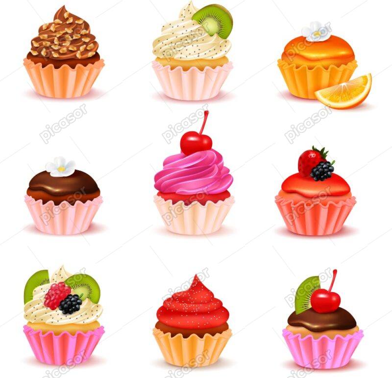 9 وکتور کاپ کیک خامه ای و میوه های تزئینی - وکتور شیرینی پزی و قنادی مناسب انواع کیک و دسر