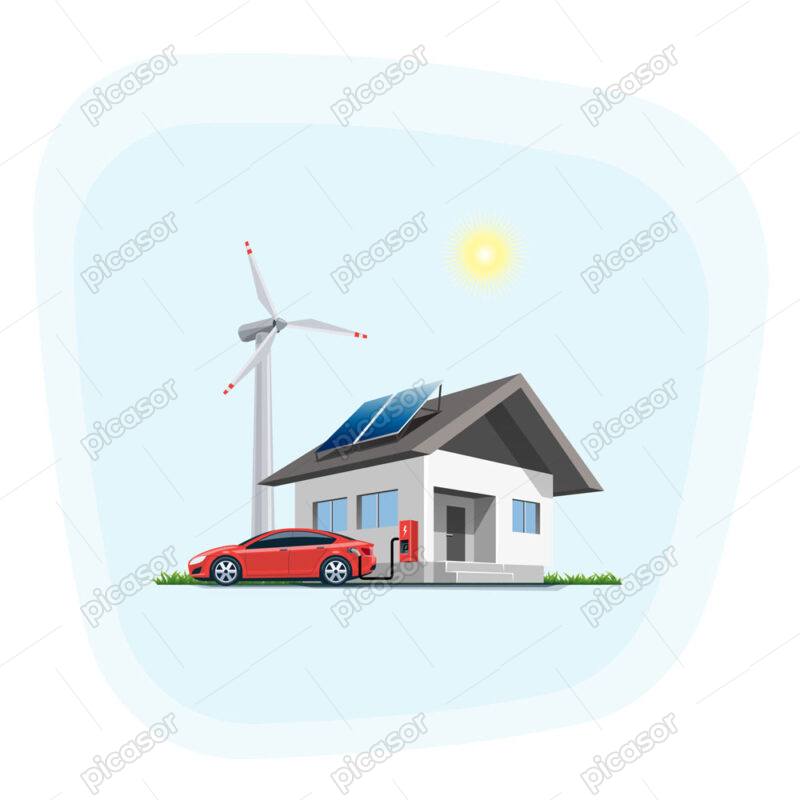 وکتور پس زمینه خودرو برقی توربین بادی و پنلهای انرژی خورشیدی و آسمان آبی پاک اتومبیل برقی در حال شارژ باطری کنار خانه - وکتور پس زمینه انرژی های پاک و تجدید پذیر و زمین سبز