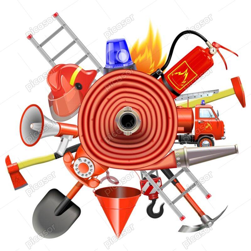 وکتور وسایل آتش نشانی - وکتور تجهیزات و لوازم آتش نشانی کپسول آتش نشانی ماشین آتش نشانی شلنگ و غیره کنار هم