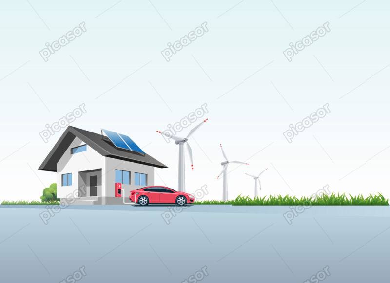 وکتور پس زمینه خودرو برقی توربین بادی و پنلهای انرژی خورشیدی اتومبیل برقی در حال شارژ باطری - وکتور پس زمینه انرژی های پاک و تجدید پذیر و زمین سبز