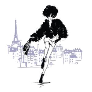 وکتور زن جوان مدل پالتو خز کوتاه و کیف زنانه زمینه شهر پاریس - وکتور دختر جوان فشن طرح اسکچ