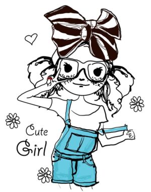 وکتور نقاشی خطی دختر کوچک عینکی بانمک با دوبنده جین - وکتور نقاشی تصویرسازی دختر نوجوان کوچک با پاپیون بزرگ طرح ساده خطی