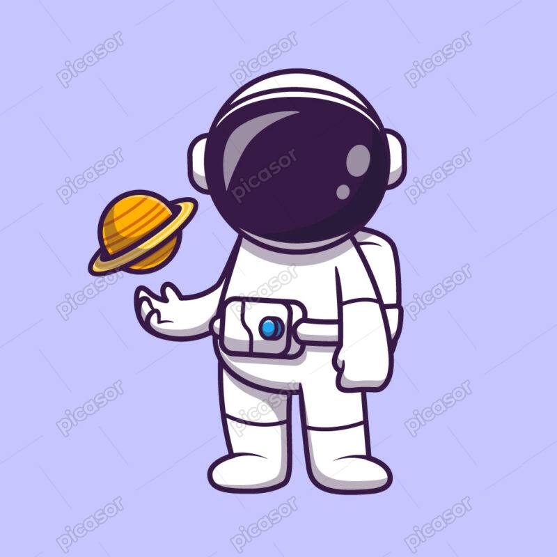 وکتور کارتونی فضانورد و سیاره زحل - وکتور فضانورد کارتونی سیاره زحل