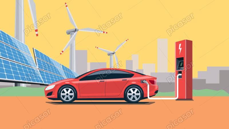 وکتور پس زمینه خودرو برقی توربین بادی و پنلهای انرژی خورشیدی اتومبیل برقی در حال شارژ باطری - وکتور پس زمینه انرژی های پاک و تجدید پذیر و زمین سبز