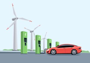وکتور پس زمینه خودرو برقی توربین بادی اتومبیل برقی در حال شارژ باطری - وکتور پس زمینه انرژی های پاک و تجدید پذیر و زمین سبز