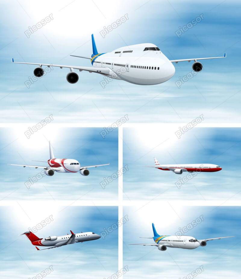 وکتور 5 پس زمینه هواپیمای مسافربری در آسمان - وکتور هواپیما در حال پرواز با زمینه آسمان آبی