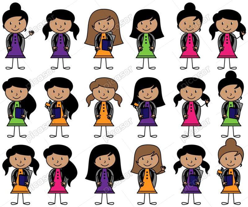 18 وکتور دانش آموز دختر با کیف مدرسه - وکتور دانش آموز دختربچه طرح نقاشی ساده رنگی