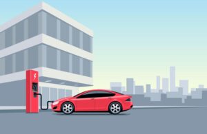 وکتور خودرو برقی قرمز در حال شارژ مجدد باطری کنار ساختمان - وکتور انرژی های پاک و زمین سبز