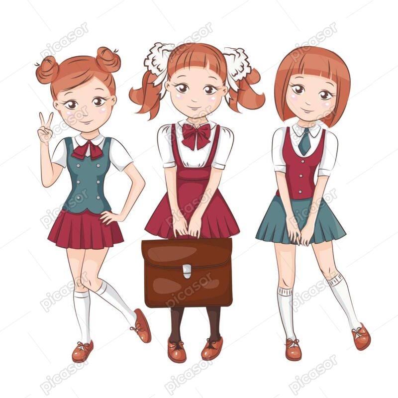 3 وکتور دختران نوجوان شاد ایستاده با لباس مدرسه و کیف مدرسه - وکتور دانش آموزان دختر با روپوش مدرسه