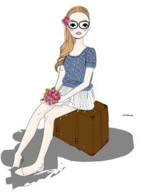 وکتور دختر جوان نشسته روی چمدان با دسته گلهای خطی - وکتور تصویرسازی خطی از دختر عینکی روی چمدان با دسته گل طرح خطی