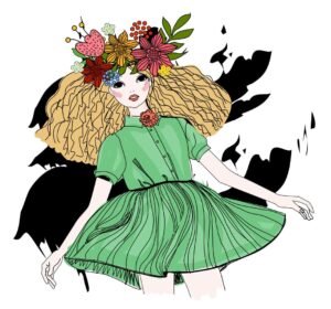 وکتور دختر نوجوان تاج گل لباس سبز - وکتور تصویرسازی دختر فشن با دسته گل