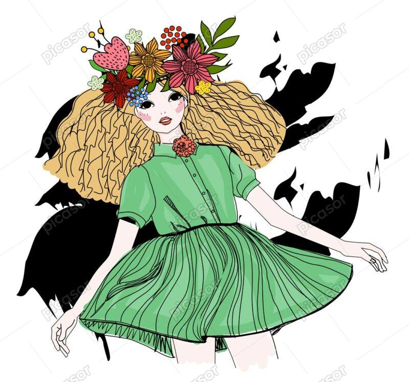 وکتور دختر نوجوان تاج گل لباس سبز - وکتور تصویرسازی دختر فشن با دسته گل