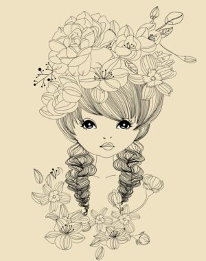 وکتور نقاشی خطی دختر نوجوان تاج گل و دسته گلهای خطی - وکتور تصویرسازی خطی از دختر نوجوان میان گلهای طرح خطی